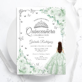 Invitación Rosas de color de agua verde sabio Quinceanera pla
