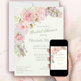 Invitación Rosas de color rosa salvan ducha verde de novia