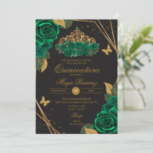 Invitación Rosas de color verde Tiara Purpurina de oro Quince