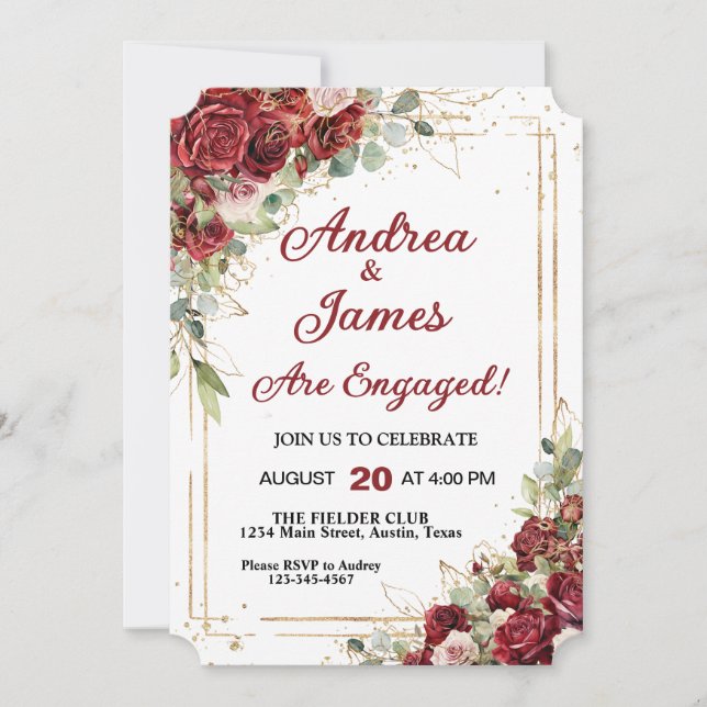 Invitación Rosas de compromiso de marco dorado y rojo intenso (Anverso)