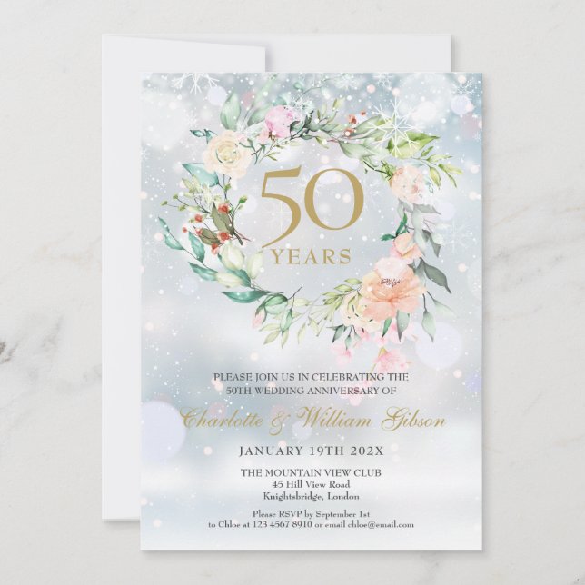Invitación Rosas de copas de nieve en invierno cumplen 50 año (Anverso)