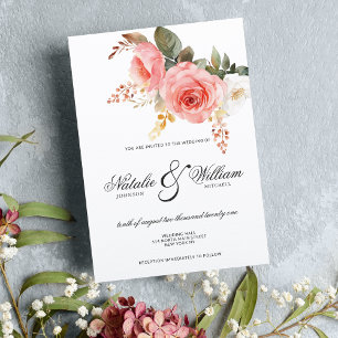 Invitación Rosas de coral color agua blanco rosado boda flora