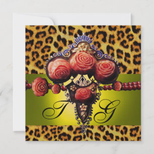 INVITACIÓN ROSAS DE CORAL ROJO AMARILLO, MONOGRAMA DE PIEL DE