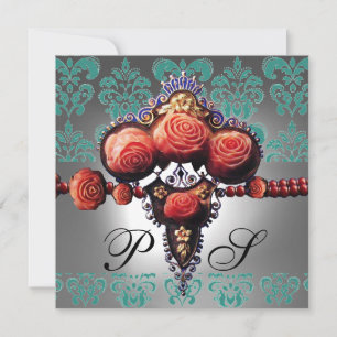 INVITACIÓN ROSAS DE CORAL ROJO, DAMASCO NEGRO VERDE BLANCO MO