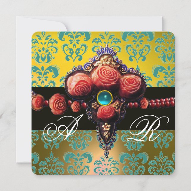 INVITACIÓN ROSAS DE CORAL ROJO, MONOGRAMA AQUÍ AZUL AMARILLO  (Anverso)