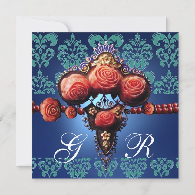 INVITACIÓN ROSAS DE CORAL ROJO, MONOGRAMA AQUÍ AZUL NEGRO DAM (Anverso)