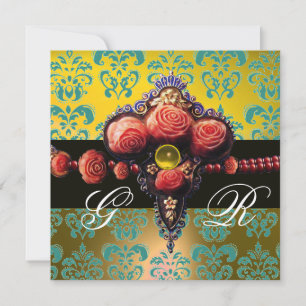 INVITACIÓN ROSAS DE CORAL ROJO, MONOGRAMA DAMASCO AMARILLO AZ