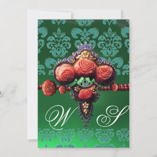 INVITACIÓN ROSAS DE CORAL ROJO, MONOGRAMA DAMASCO AZUL NEGRO 