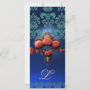 INVITACIÓN ROSAS DE CORAL ROJO, MONOGRAMA DAMASCO NEGRO AZUL