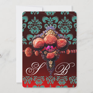 INVITACIÓN ROSAS DE CORAL ROJO, MONOGRAMA DAMASCO NEGRO AZUL 