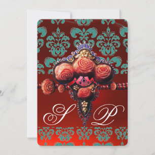 INVITACIÓN ROSAS DE CORAL ROJO, MONOGRAMA DAMASCO NEGRO AZUL 