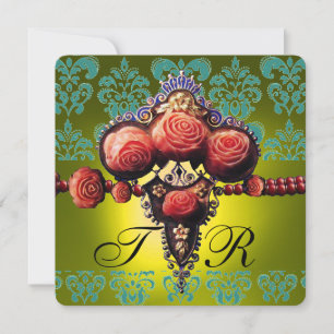 INVITACIÓN ROSAS DE CORAL ROJO, MONOGRAMA DAMASCO NEGRO VERDE