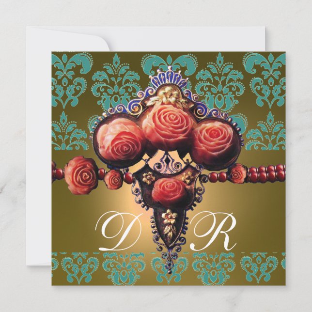INVITACIÓN ROSAS DE CORAL ROJO, MONOGRAMA DE DAMASCA AMARILLA (Anverso)