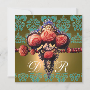 INVITACIÓN ROSAS DE CORAL ROJO, MONOGRAMA DE DAMASCA AMARILLA