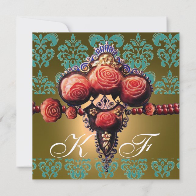 INVITACIÓN ROSAS DE CORAL ROJO, MONOGRAMA DE DAMASCA AMARILLA (Anverso)