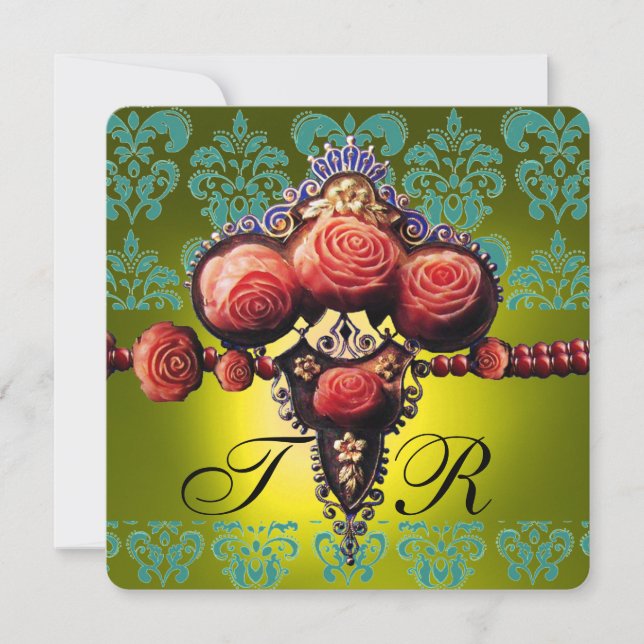 INVITACIÓN ROSAS DE CORAL ROJO, MONOGRAMA DE DAMASCA AMARILLA (Anverso)