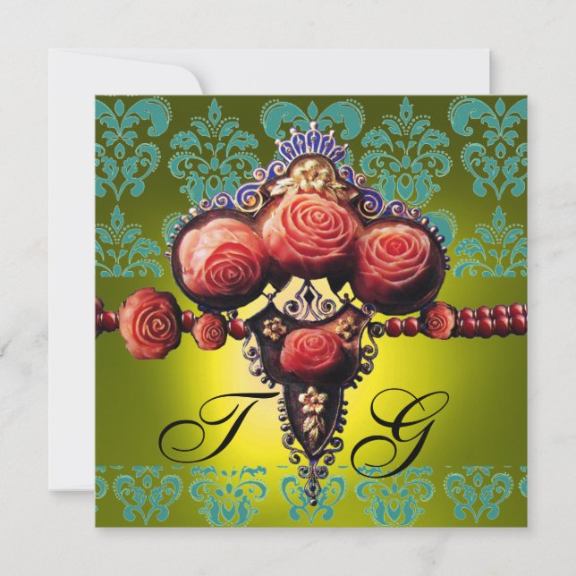 INVITACIÓN ROSAS DE CORAL ROJO, MONOGRAMA DE DAMASCA AMARILLA (Anverso)