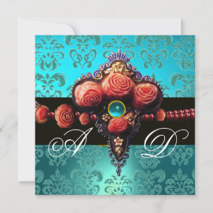 INVITACIÓN ROSAS DE CORAL ROJO, MONOGRAMA DE DAMASCO NEGRO AZ