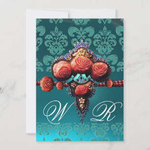 INVITACIÓN ROSAS DE CORAL ROJO, MONOGRAMA DE DAMASCO NEGRO AZ
