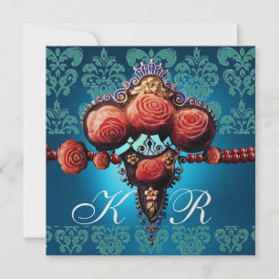 INVITACIÓN ROSAS DE CORAL ROJO, MONOGRAMA DE DAMASCO NEGRO AZ