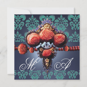INVITACIÓN ROSAS DE CORAL ROJO, MONOGRAMA DE DAMASCO NEGRO AZ