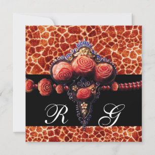 Invitación Rosas DE CORAL ROJO NEGRO, MONOGRAMA DE PIEL GIRAF