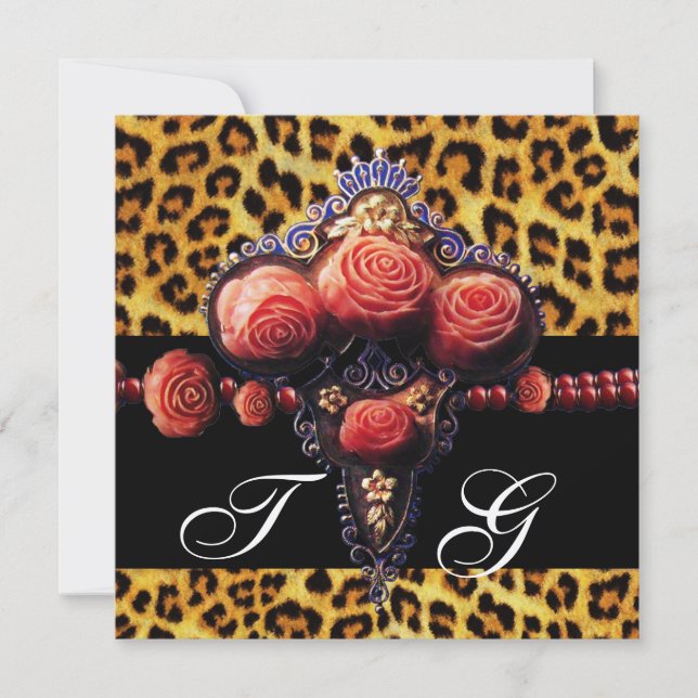 Invitación Rosas DE CORAL ROJO NEGRO, MONOGRAMA DE PIEL LEOPA (Anverso)