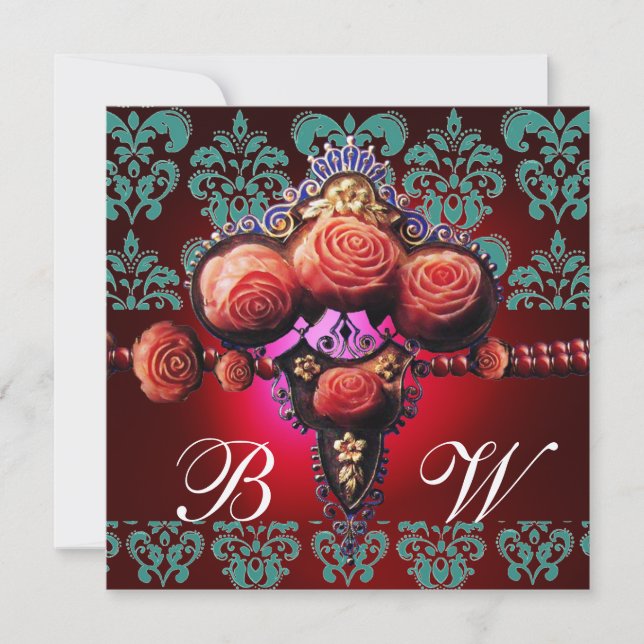 INVITACIÓN ROSAS DE CORAL ROJO ORO, MONOGRAMA DE DAMASCA NEGR (Anverso)