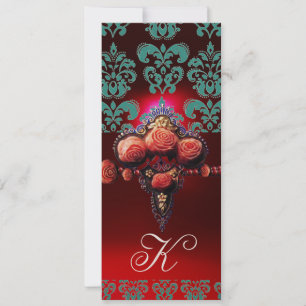 INVITACIÓN ROSAS DE CORAL ROJO ORO, MONOGRAMA DE DAMASCA NEGR