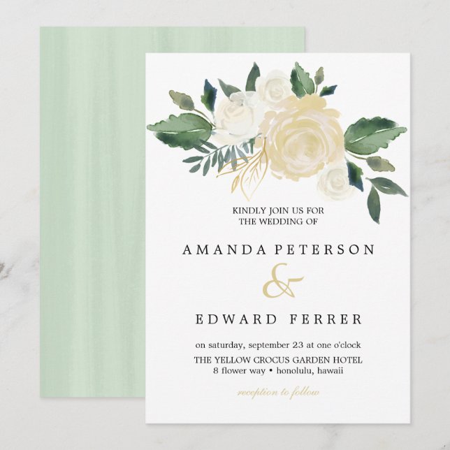 Invitación Rosas de Costa de Marfil  de ramo boda menta (Anverso / Reverso)