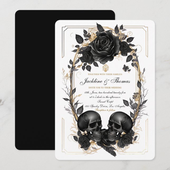 Invitación Rosas de cráneo Boda gótico de oro blanco negro (Anverso / Reverso)