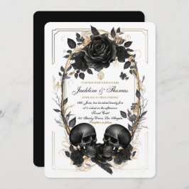Invitación Rosas de cráneo Boda gótico de oro blanco negro