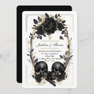 Invitación Rosas de cráneo Boda gótico de oro blanco negro