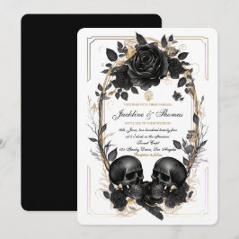 Invitación Rosas de cráneo Bodas Góticas Negro Blanco Dorado