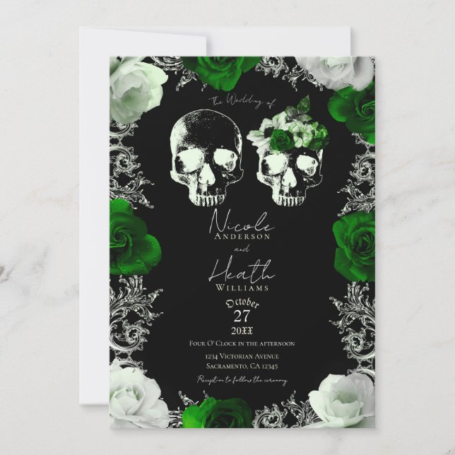 Invitación Rosas de cráneo de esqueleto verde esmeralda boda  (Anverso)