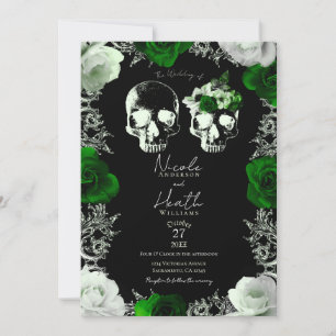 Invitación Rosas de cráneo de esqueleto verde esmeralda gótic