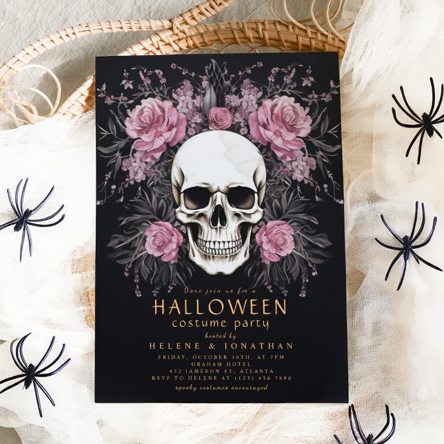Invitación Rosas de cráneo Fiesta de disfraces de Halloween p (Skull Roses Gothic Adult Halloween Costume Party Invitation)