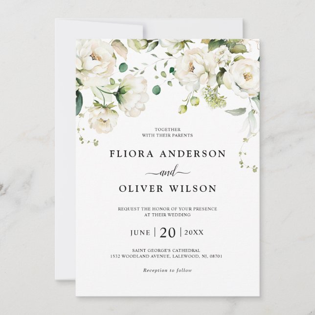 Invitación Rosas de Crema de Marfil Blanco Boda Botánico Flor (Anverso)