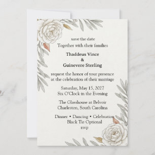 Invitación Rosas de Crema, Ramas de Olivo, Follaje de Acuarel