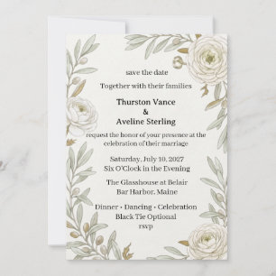 Invitación Rosas de Crema, Ramas de Olivo, Follaje de Acuarel