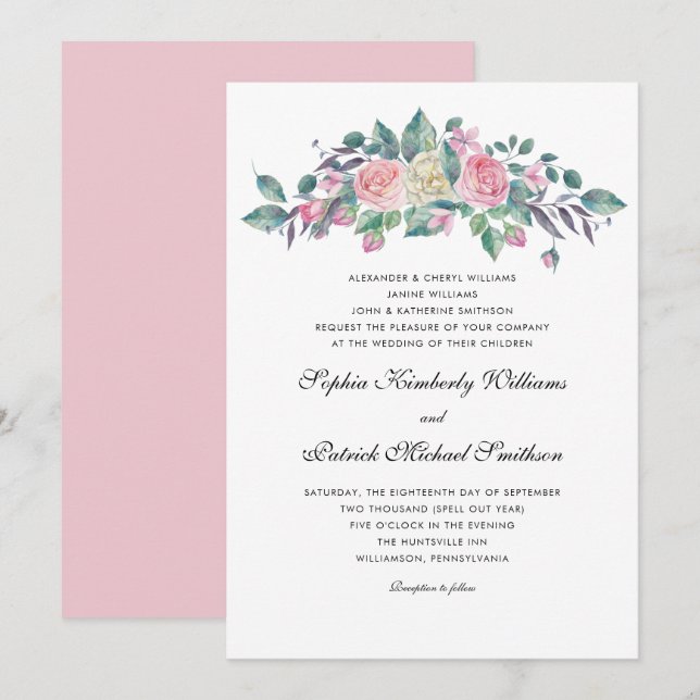 Invitación Rosas de Crema Rosa | 3 establece el boda de los p (Anverso / Reverso)