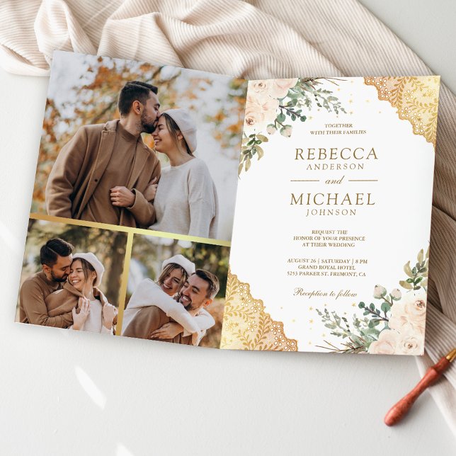 Invitación Rosas de crema suave encaje dorado código QR boda (Subido por el creador)