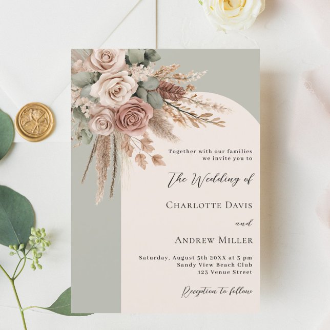Invitación Rosas de crema verde salvia pampas boda de hierba (Subido por el creador)