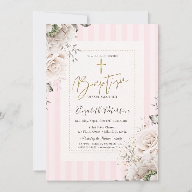 Invitación Rosas de Cruz Dorada Rayadas de Rosa Bautizo (Anverso)