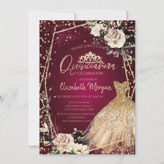 Invitación Rosas de diamantes de oro Borgoña Quinceañera (Anverso)