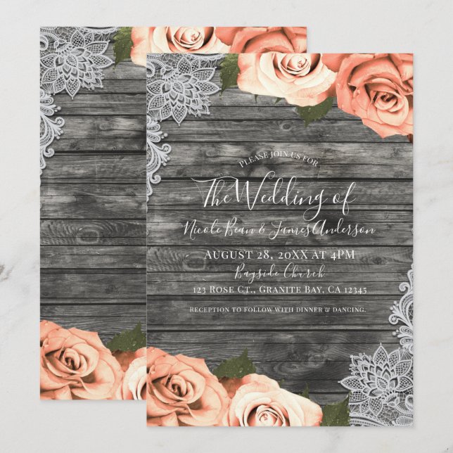 Invitación Rosas de durazno claro Boda de encaje blanco y rus (Anverso / Reverso)