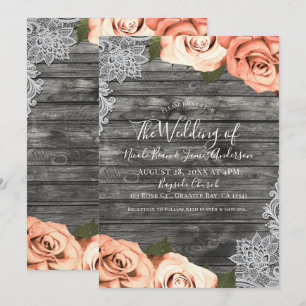 Invitación Rosas de durazno claro Boda de encaje blanco y rus
