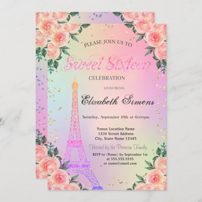 Invitación Rosas de Eiffel Tower Diamonds Holographic Sweet 1 (Anverso / Reverso)