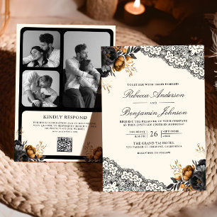 Invitación Rosas de encaje de oro negro Código QR Boda Gótica