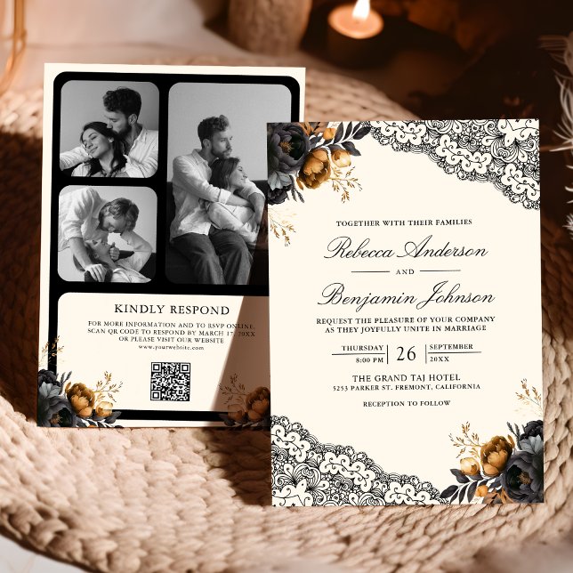 Invitación Rosas de encaje de oro negro Código QR Boda Gótica (Subido por el creador)